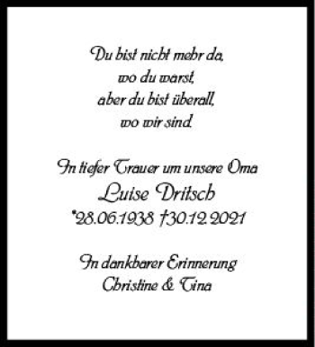Traueranzeige von Luise Dritsch von vrm-trauer Odenwälder Echo
