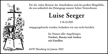 Traueranzeige von Luise Seeger von vrm-trauer Odenwälder Echo