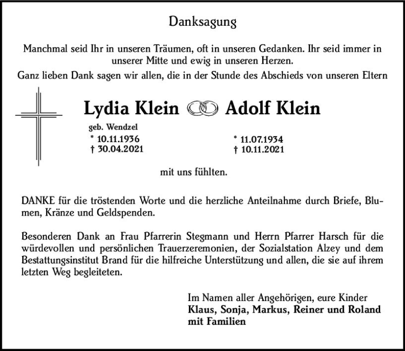  Traueranzeige für Lydia Klein vom 08.01.2022 aus vrm-trauer Allgemeine Zeitung Alzey