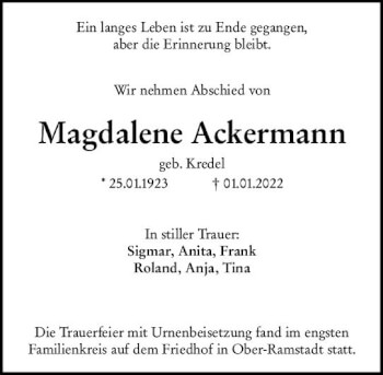 Traueranzeige von Magdalena Ackermann von vrm-trauer Darmstädter Echo