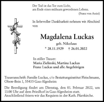 Traueranzeige von Magdalena Luckas von vrm-trauer Allgemeine  Zeitung Ingelheim-Bingen