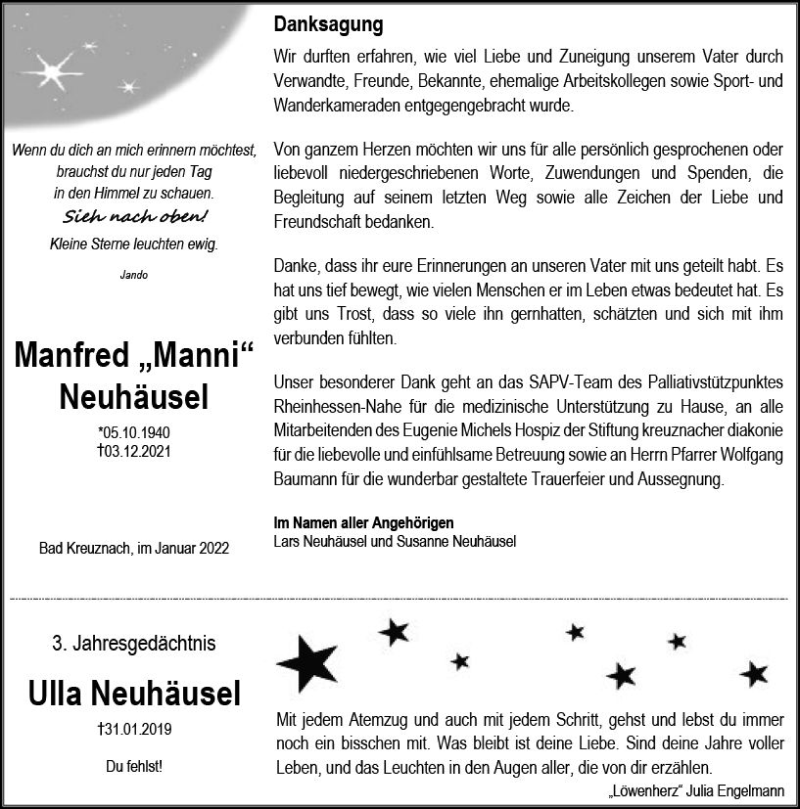  Traueranzeige für Manfred Neuhäusel vom 31.01.2022 aus vrm-trauer Allg. Zeitung Bad Kreuznach