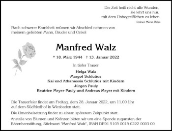 Traueranzeige von Manfred Walz von vrm-trauer Wiesbadener Kurier