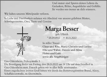 Traueranzeige von Marga Besser von vrm-trauer Allgemeine Zeitung Alzey