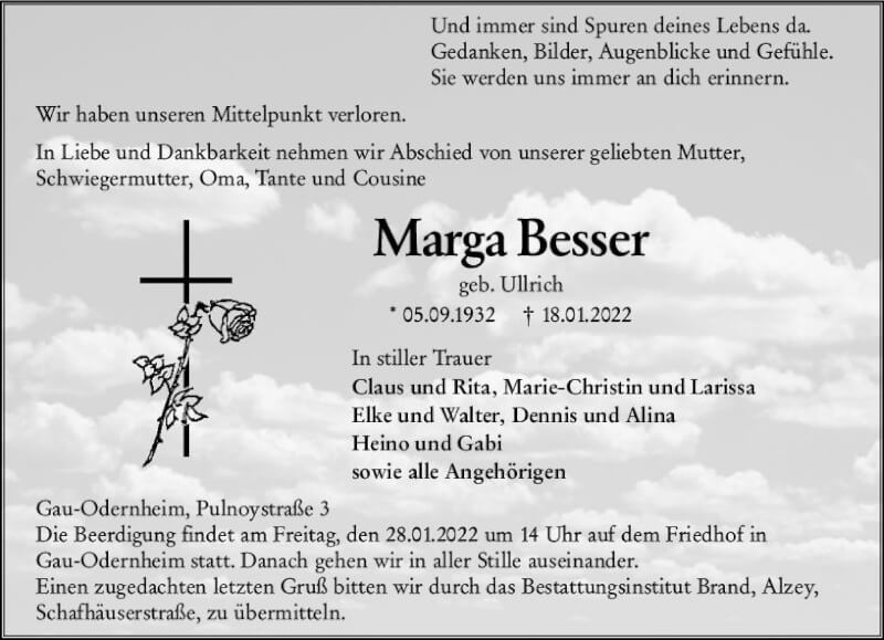  Traueranzeige für Marga Besser vom 22.01.2022 aus vrm-trauer Allgemeine Zeitung Alzey