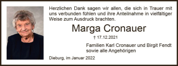 Traueranzeige von Marga Cronauer von vrm-trauer DieburgerAnzeiger/Groß-Zimmerner Lokala