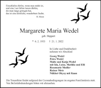 Traueranzeige von Margarete Maria Wedel von vrm-trauer Darmstädter Echo