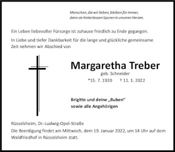 Traueranzeige von Margaretha Treber von vrm-trauer Rüsselsheimer Echo / MainSpitze