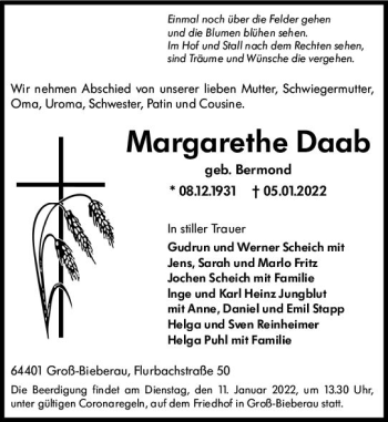 Traueranzeige von Margarethe Daab von vrm-trauer Odenwälder Echo