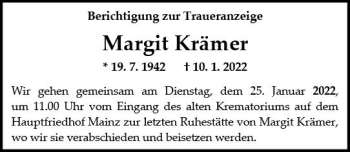 Traueranzeige von Margit Krämer von vrm-trauer AZ Mainz