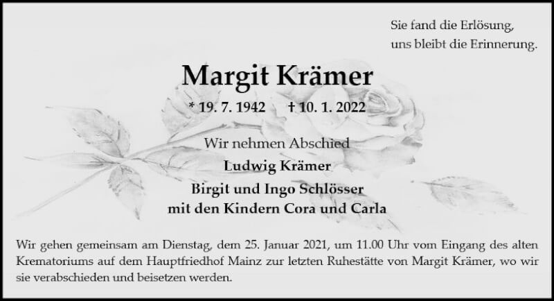  Traueranzeige für Margit Krämer vom 22.01.2022 aus vrm-trauer AZ Mainz