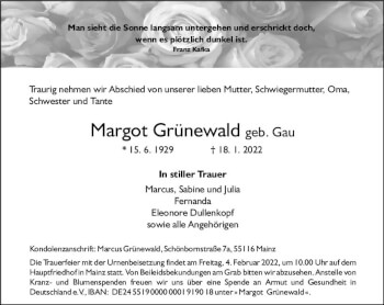 Traueranzeige von Margot Grünewald von vrm-trauer AZ Mainz