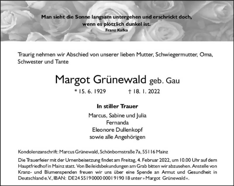  Traueranzeige für Margot Grünewald vom 22.01.2022 aus vrm-trauer AZ Mainz