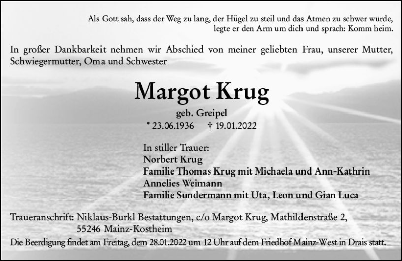  Traueranzeige für Margot Krug vom 26.01.2022 aus vrm-trauer AZ Mainz