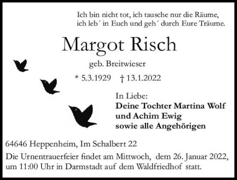  Traueranzeige für Margot Risch vom 22.01.2022 aus vrm-trauer Darmstädter Echo