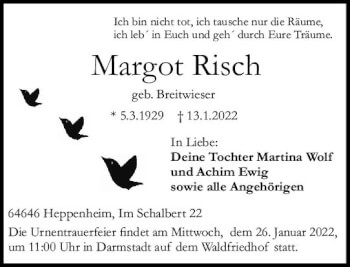Traueranzeige von Margot Risch von vrm-trauer Darmstädter Echo