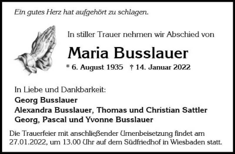  Traueranzeige für Maria Busslauer vom 22.01.2022 aus vrm-trauer Wiesbadener Kurier