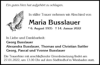 Traueranzeige von Maria Busslauer von vrm-trauer Wiesbadener Kurier