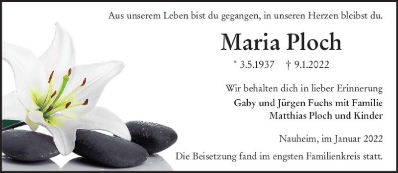  Traueranzeige für Maria Ploch vom 29.01.2022 aus vrm-trauer Rüsselsheimer Echo / MainSpitze
