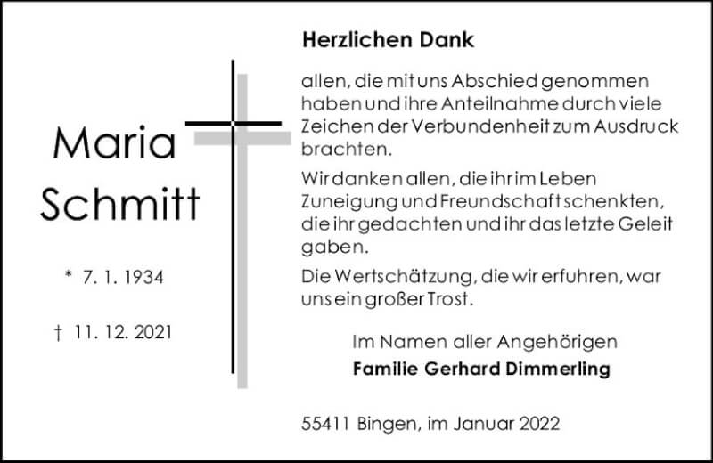  Traueranzeige für Maria Schmitt vom 22.01.2022 aus vrm-trauer Allgemeine  Zeitung Ingelheim-Bingen