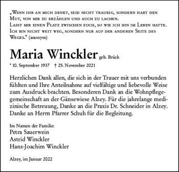 Traueranzeige von Maria Winckler von vrm-trauer Allgemeine Zeitung Alzey