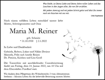 Traueranzeige von Maria M. Reiner von vrm-trauer Darmstädter Echo