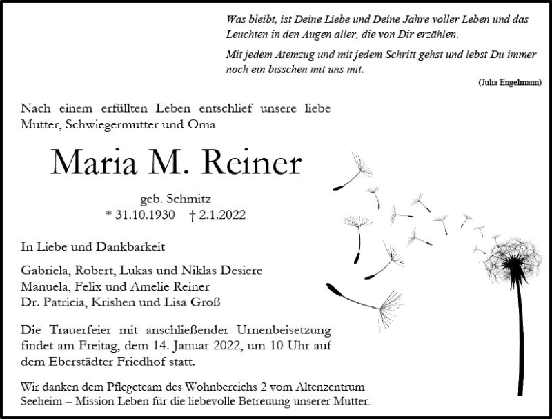  Traueranzeige für Maria M. Reiner vom 08.01.2022 aus vrm-trauer Darmstädter Echo
