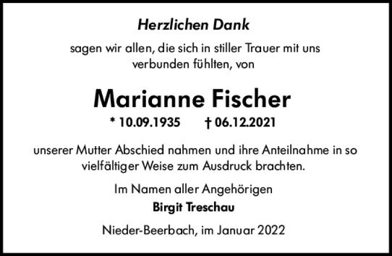  Traueranzeige für Marianne Fischer vom 08.01.2022 aus vrm-trauer Darmstädter Echo