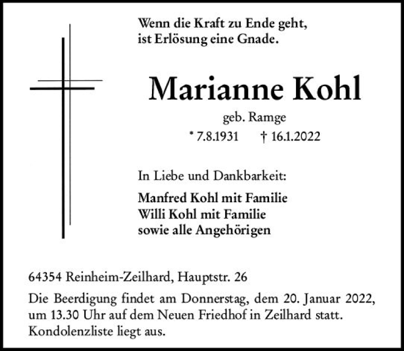  Traueranzeige für Marianne Kohl vom 18.01.2022 aus vrm-trauer Darmstädter Echo