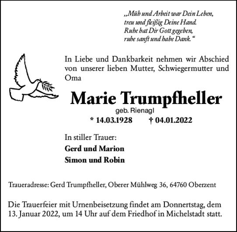  Traueranzeige für Marie Trumpfheller vom 08.01.2022 aus vrm-trauer Odenwälder Echo