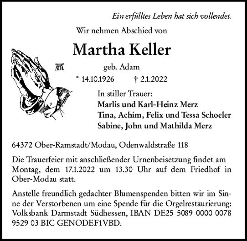  Traueranzeige für Martha Keller vom 08.01.2022 aus vrm-trauer Darmstädter Echo