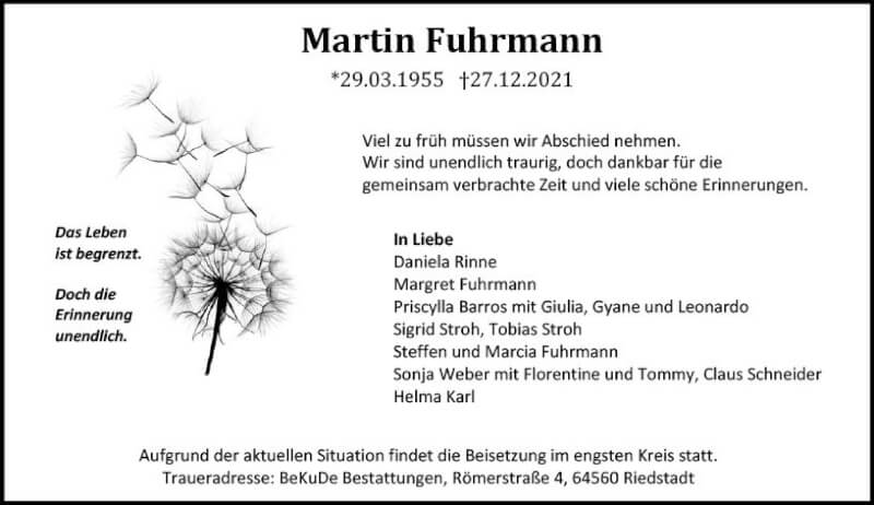  Traueranzeige für Martin Fuhrmann vom 15.01.2022 aus vrm-trauer Darmstädter Echo