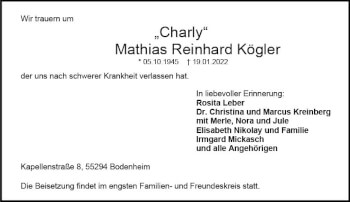 Traueranzeige von Mathias Reinhard Kögler von vrm-trauer AZ Mainz