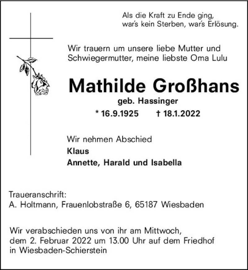  Traueranzeige für Mathilde Großhans vom 29.01.2022 aus vrm-trauer Wiesbadener Kurier