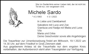 Traueranzeige von Michele Sardo von vrm-trauer DieburgerAnzeiger/Groß-Zimmerner Lokala