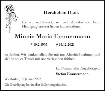 Traueranzeige von Minnie Maria Emmennann von vrm-trauer AZ Mainz