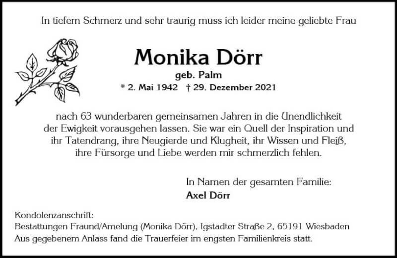  Traueranzeige für Monika Dörr vom 15.01.2022 aus vrm-trauer Wiesbadener Kurier