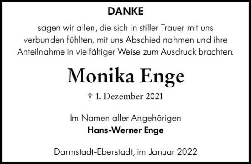  Traueranzeige für Monika Enge vom 29.01.2022 aus vrm-trauer Darmstädter Echo