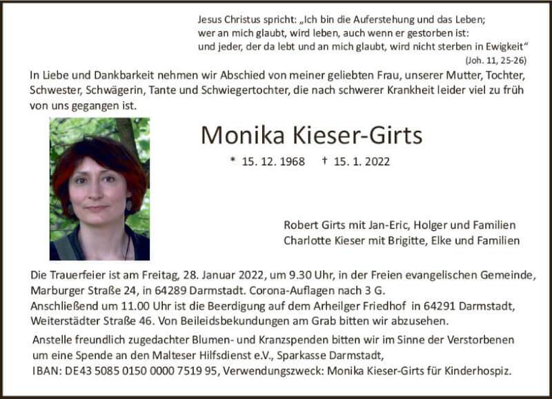  Traueranzeige für Monika Kieser-Girts vom 22.01.2022 aus vrm-trauer Darmstädter Echo