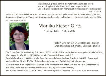 Traueranzeige von Monika Kieser-Girts von vrm-trauer Darmstädter Echo
