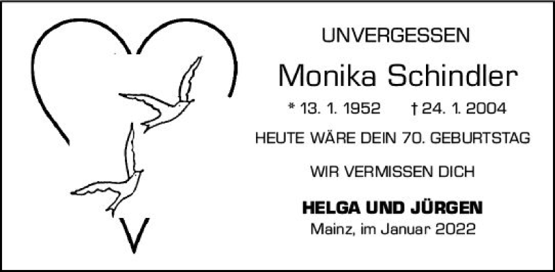  Traueranzeige für Monika Schindler vom 13.01.2022 aus vrm-trauer AZ Mainz