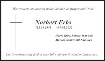 Traueranzeige von Norbert Erbs von vrm-trauer Idsteiner Zeitung