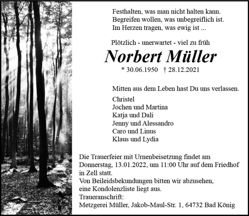  Traueranzeige für Norbert Müller vom 08.01.2022 aus vrm-trauer Odenwälder Echo