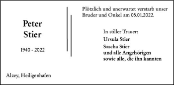Traueranzeige von Peter Stier von vrm-trauer Allgemeine Zeitung Alzey