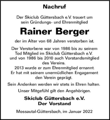 Traueranzeige von Rainer Berger von vrm-trauer Odenwälder Echo