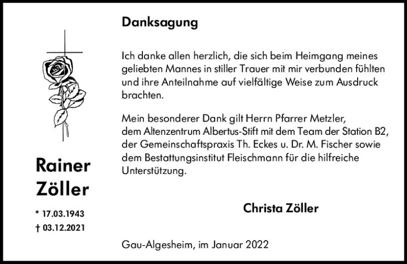  Traueranzeige für Rainer Zöller vom 08.01.2022 aus vrm-trauer Allgemeine  Zeitung Ingelheim-Bingen