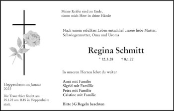 Traueranzeige von Regina Schmitt von vrm-trauer Bürstädter/Lamperth. Ztg/Starkenburger
