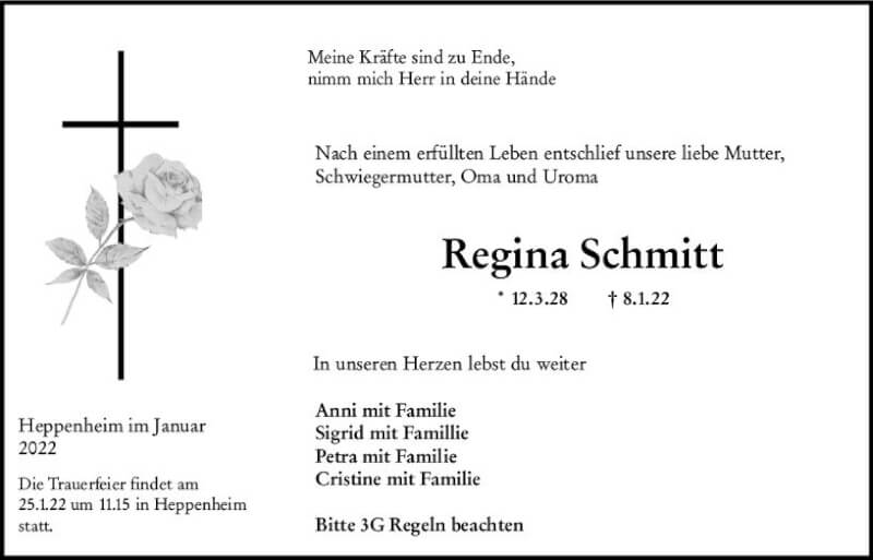  Traueranzeige für Regina Schmitt vom 22.01.2022 aus vrm-trauer Bürstädter/Lamperth. Ztg/Starkenburger