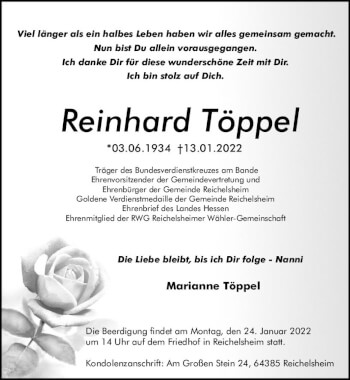 Traueranzeige von Reinhard Töppel von vrm-trauer Odenwälder Echo
