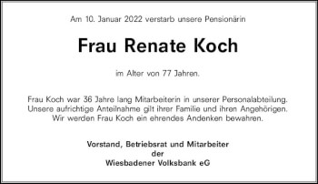 Traueranzeige von Renate Koch von vrm-trauer Wiesbadener Kurier